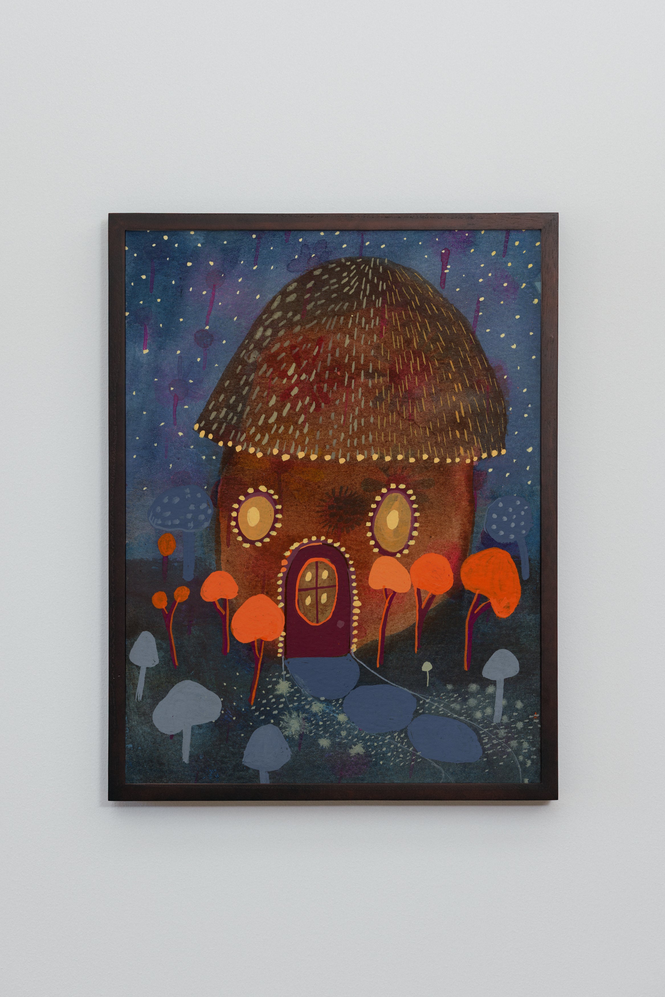 Whimsical autumn art print of a glowing acorn-shaped house surrounded by orange trees and mushrooms under a starry night sky.