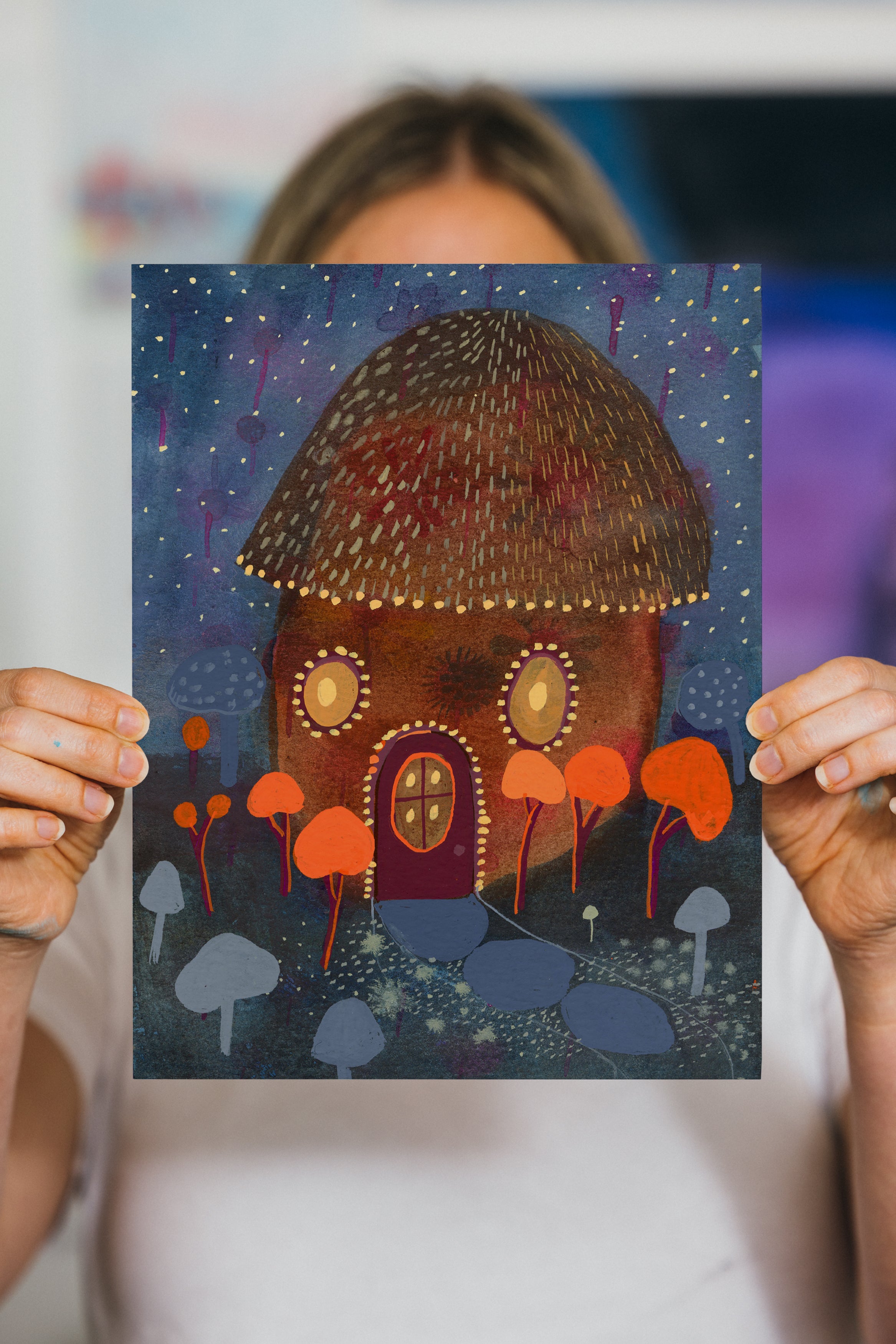 Whimsical autumn art print of a glowing acorn-shaped house surrounded by orange trees and mushrooms under a starry night sky.