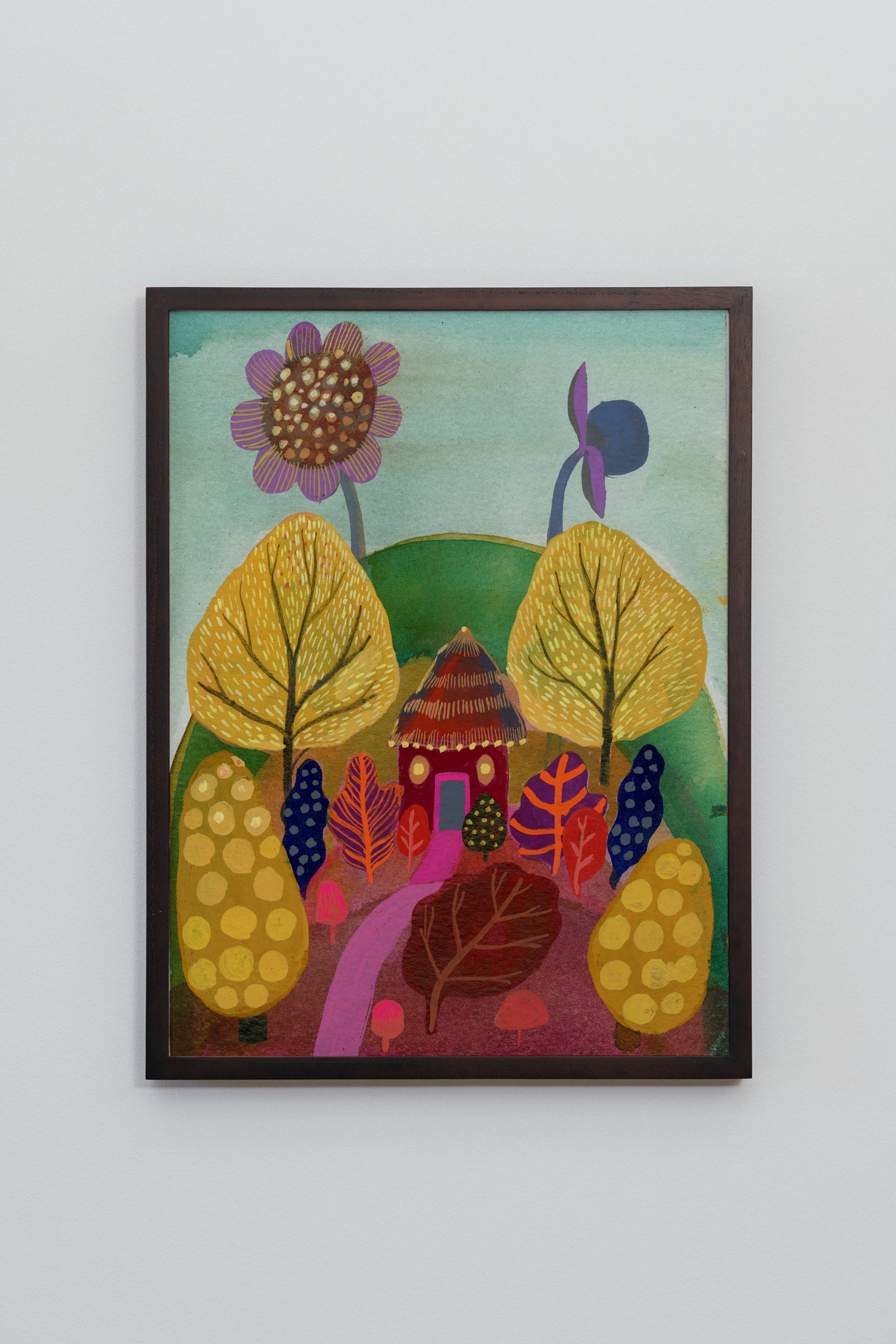 Whimsical art print of a tiny yurt nestled among oversized yellow trees, bright foliage, and rolling hills.