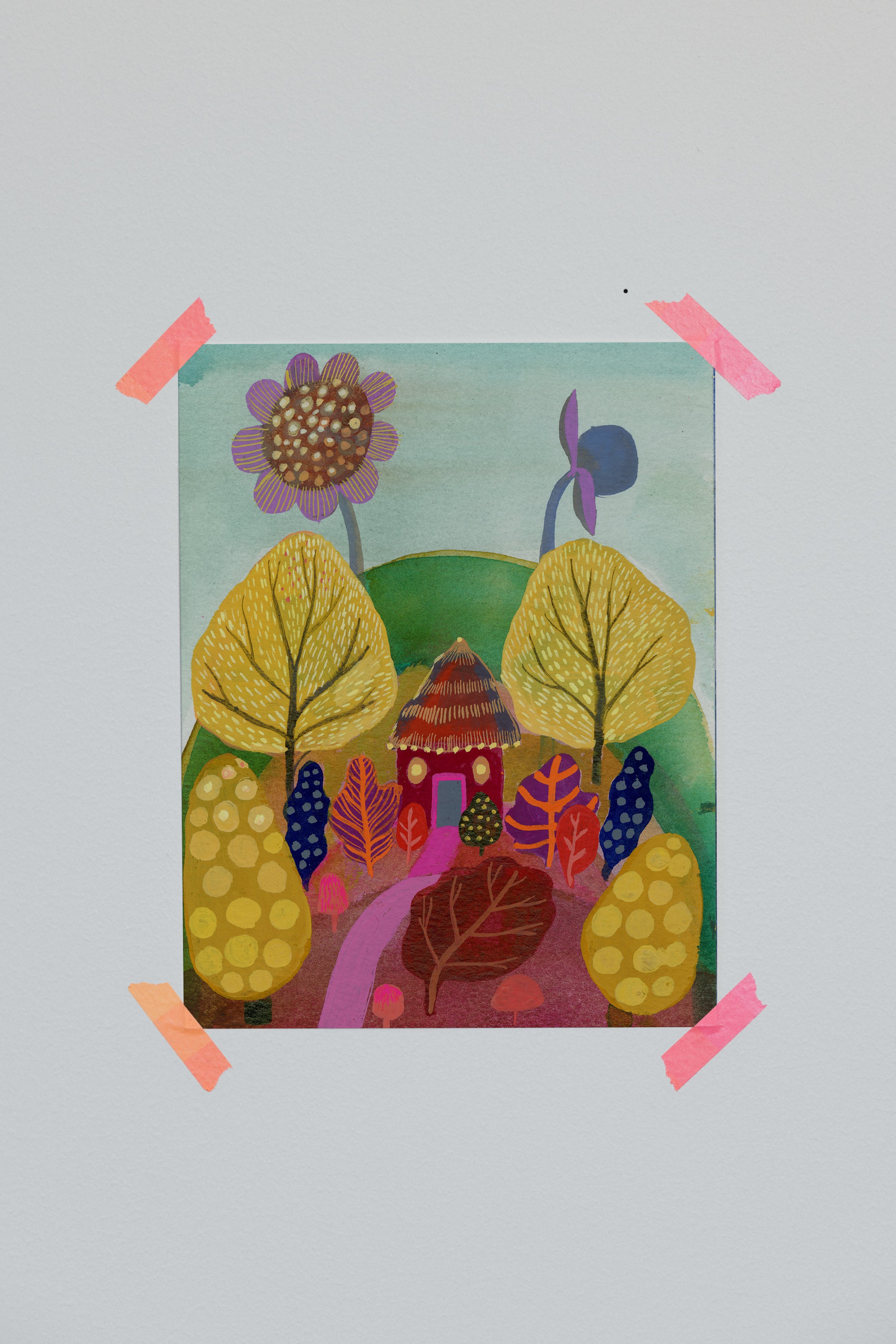 Whimsical art print of a tiny yurt nestled among oversized yellow trees, bright foliage, and rolling hills.