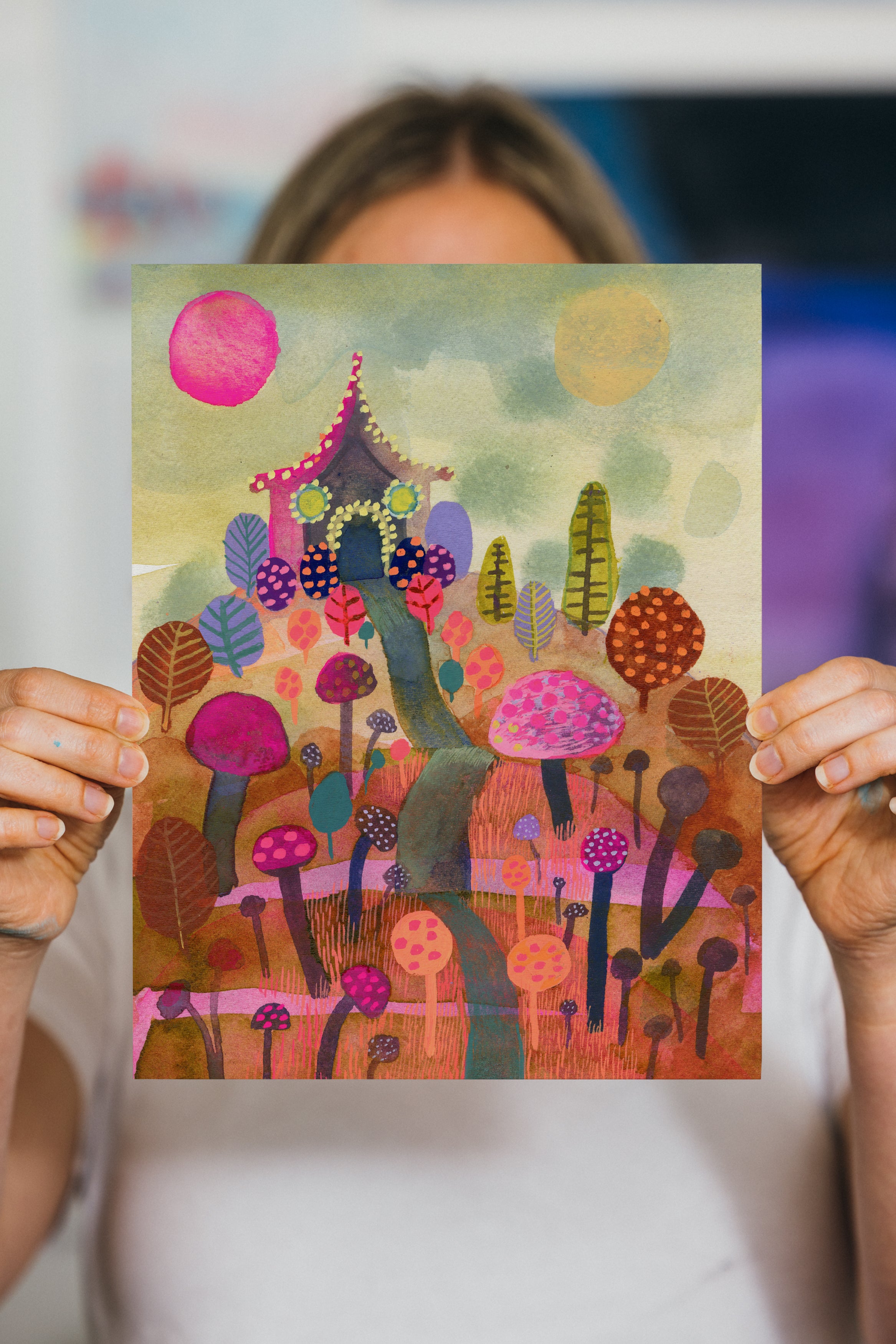 Warm autumn landscape art print with clusters of mushrooms, trees, and a small house amid glowing earthy colors