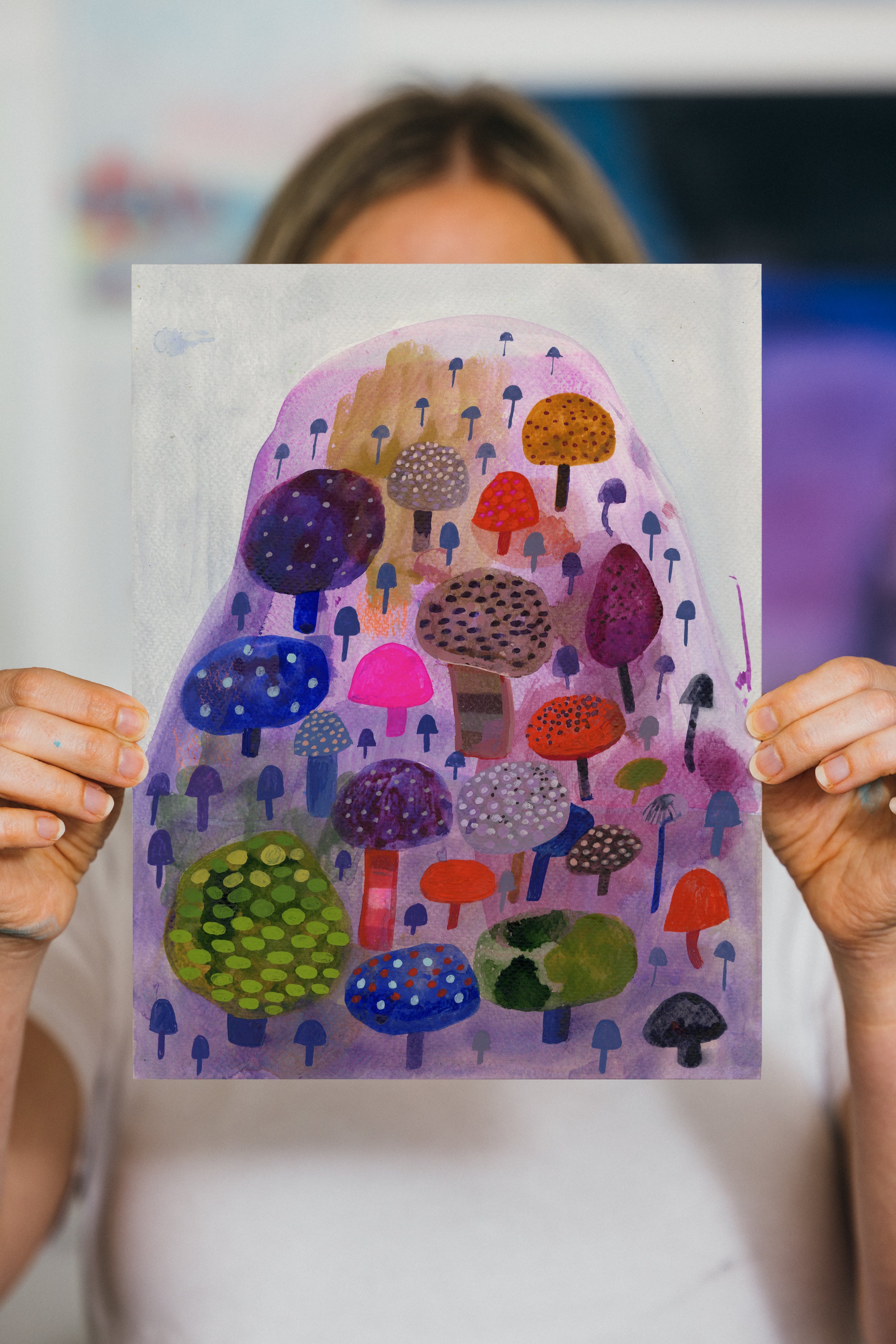 Vibrant art print of a hillside covered in colorful mushrooms in purple, green, orange, and blue tones.