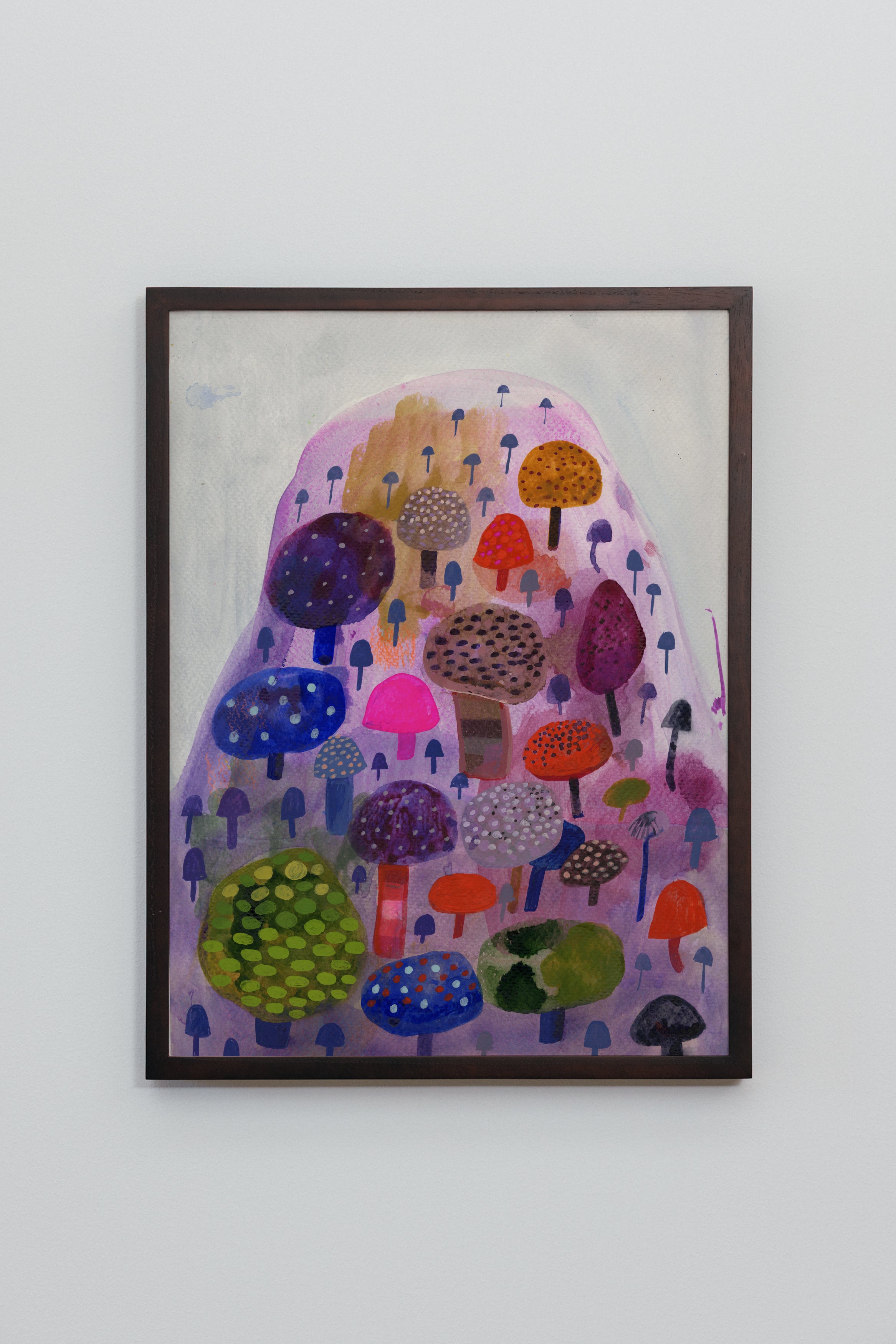 Vibrant art print of a hillside covered in colorful mushrooms in purple, green, orange, and blue tones.