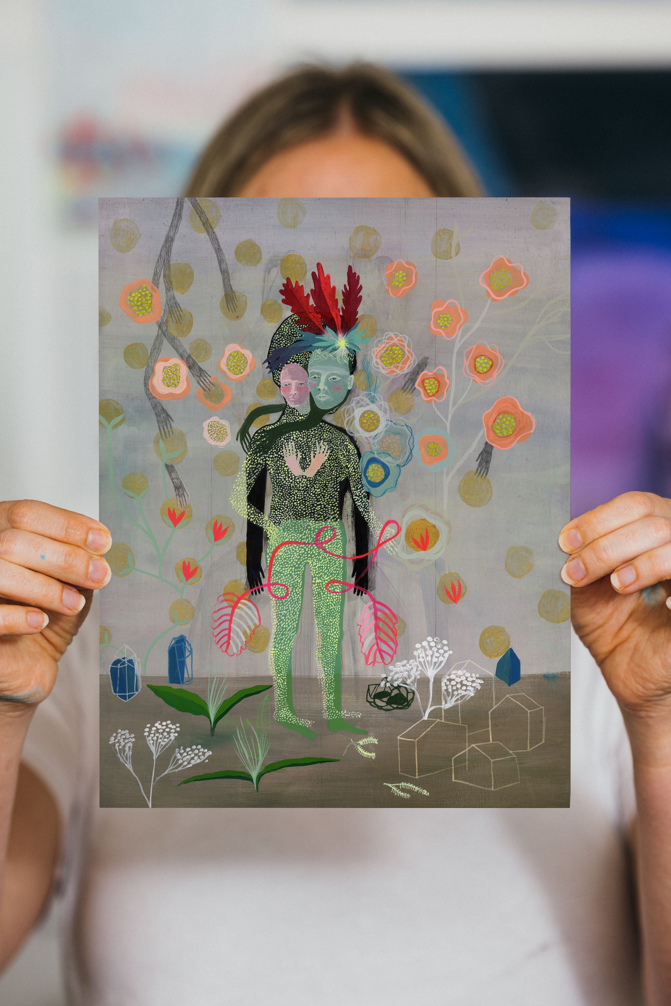 Open edition art print titled Old & New featuring layered figurative forms, botanical symbols, and soft muted colors