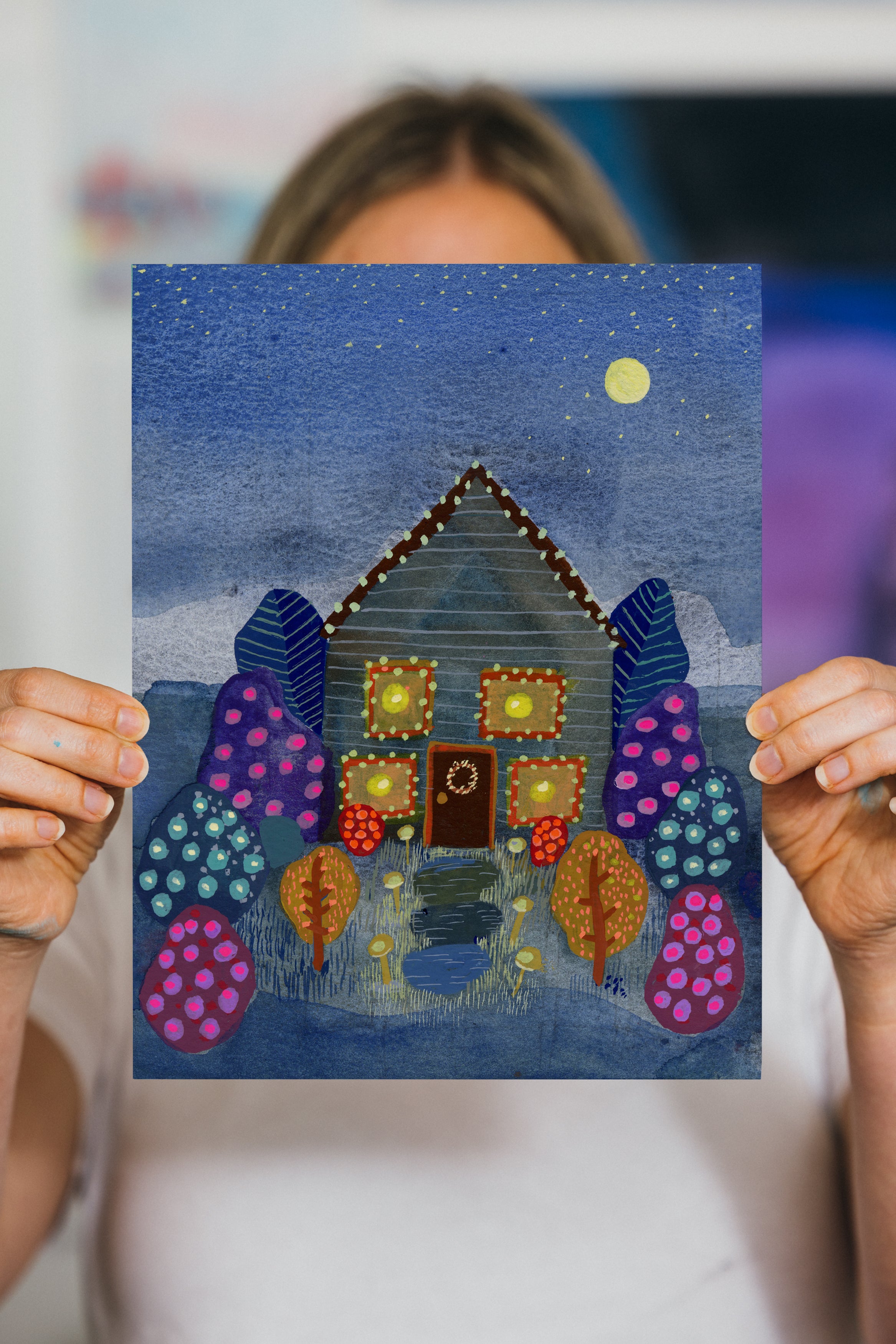 Cozy twilight art print of a glowing house surrounded by colorful dotted trees under a deep blue night sky.
