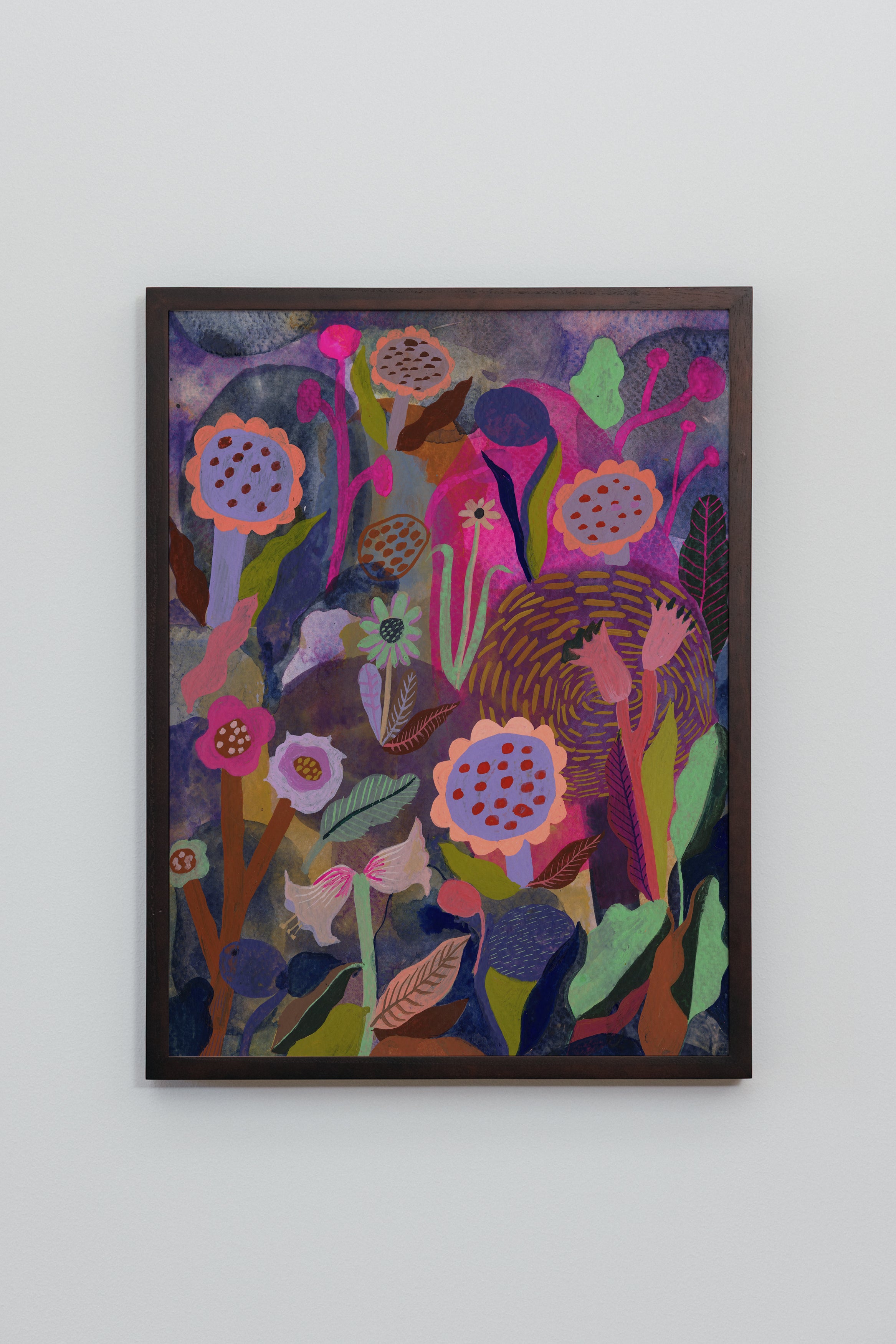 Colorful floral art print with layered flowers and foliage in warm orange, violet, and pink sunset tones.