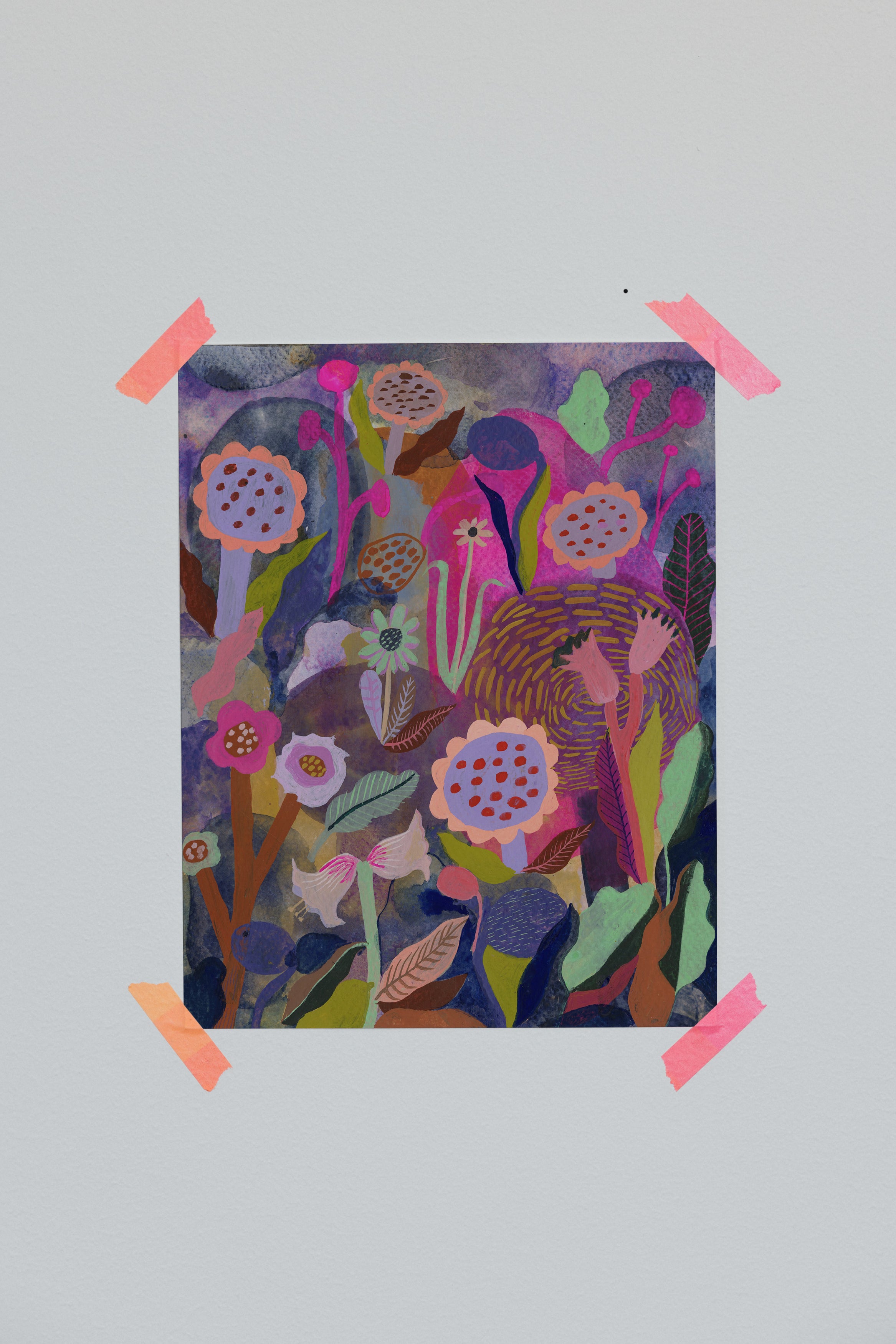 Colorful floral art print with layered flowers and foliage in warm orange, violet, and pink sunset tones.