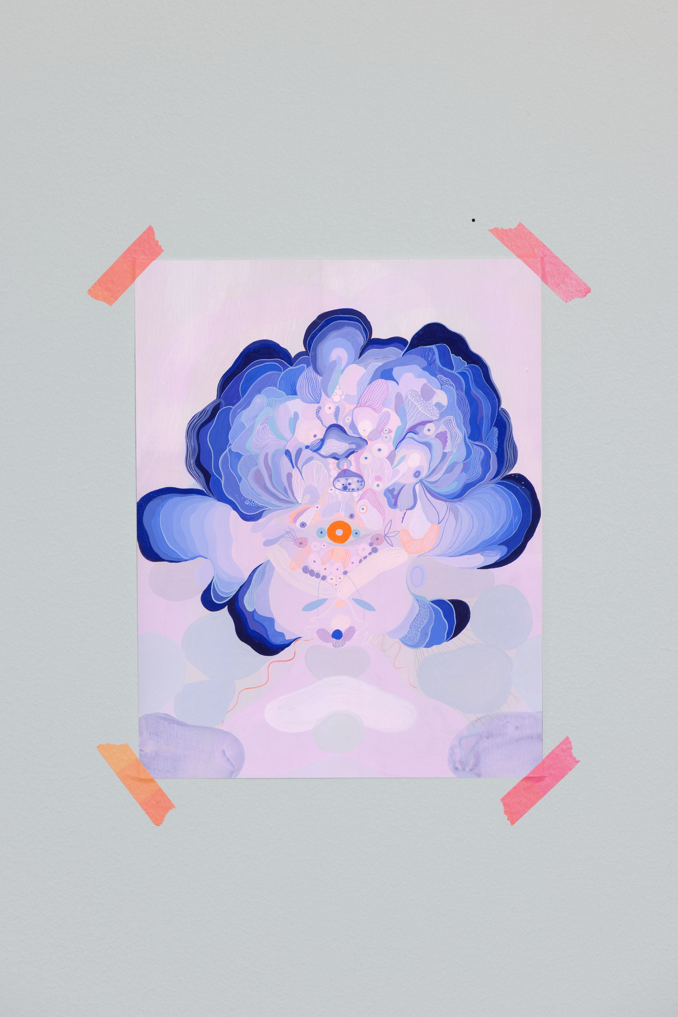 Ultramarine Orb open edition art print taped to a pale wall.