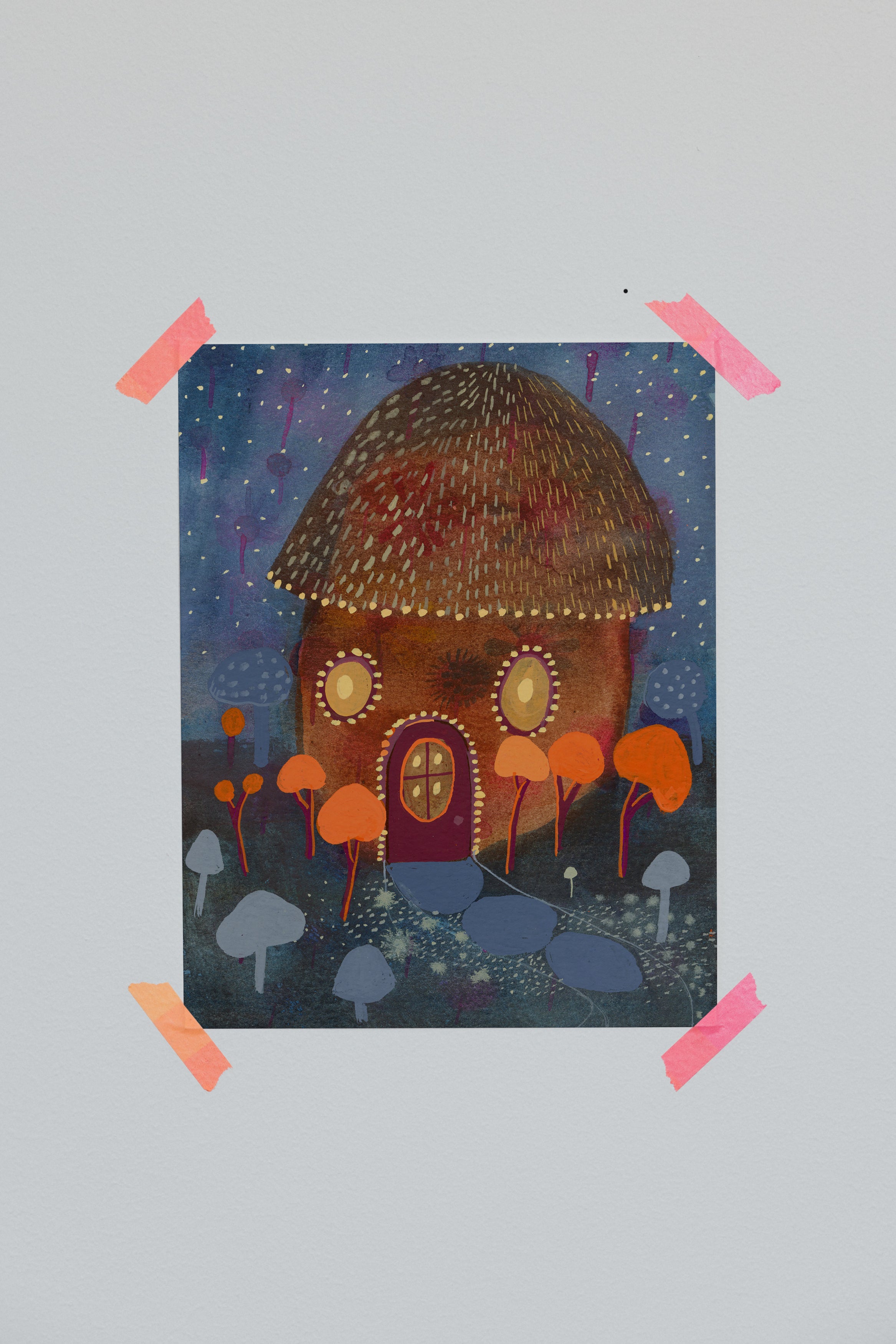 Whimsical autumn art print of a glowing acorn-shaped house surrounded by orange trees and mushrooms under a starry night sky.