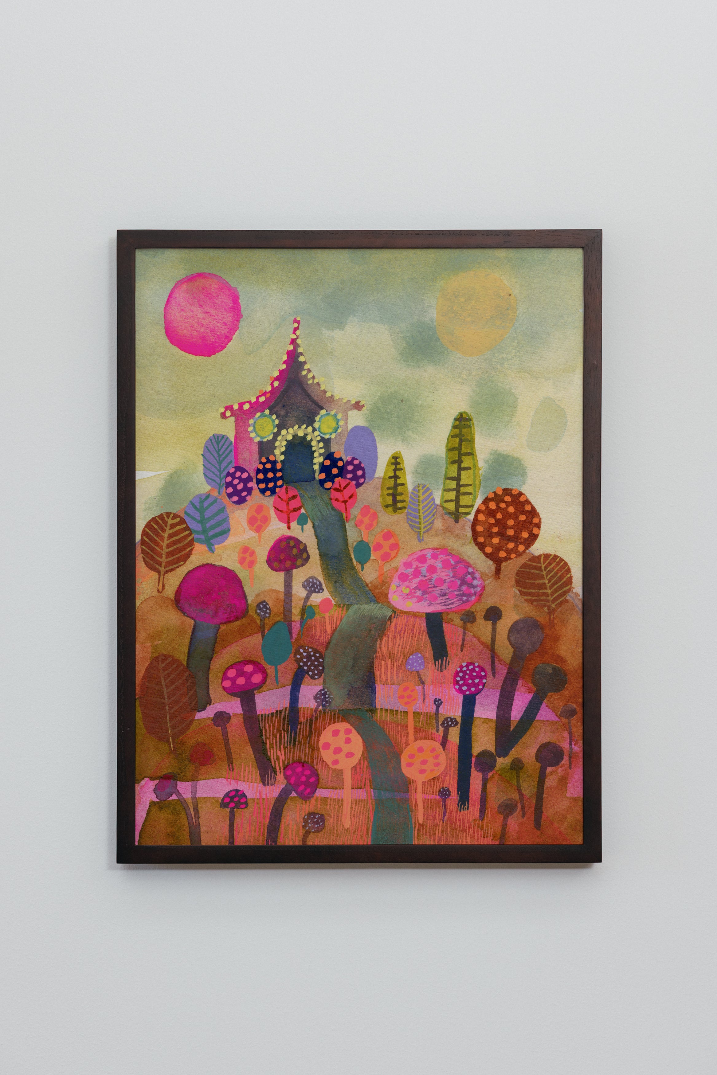 Warm autumn landscape art print with clusters of mushrooms, trees, and a small house amid glowing earthy colors