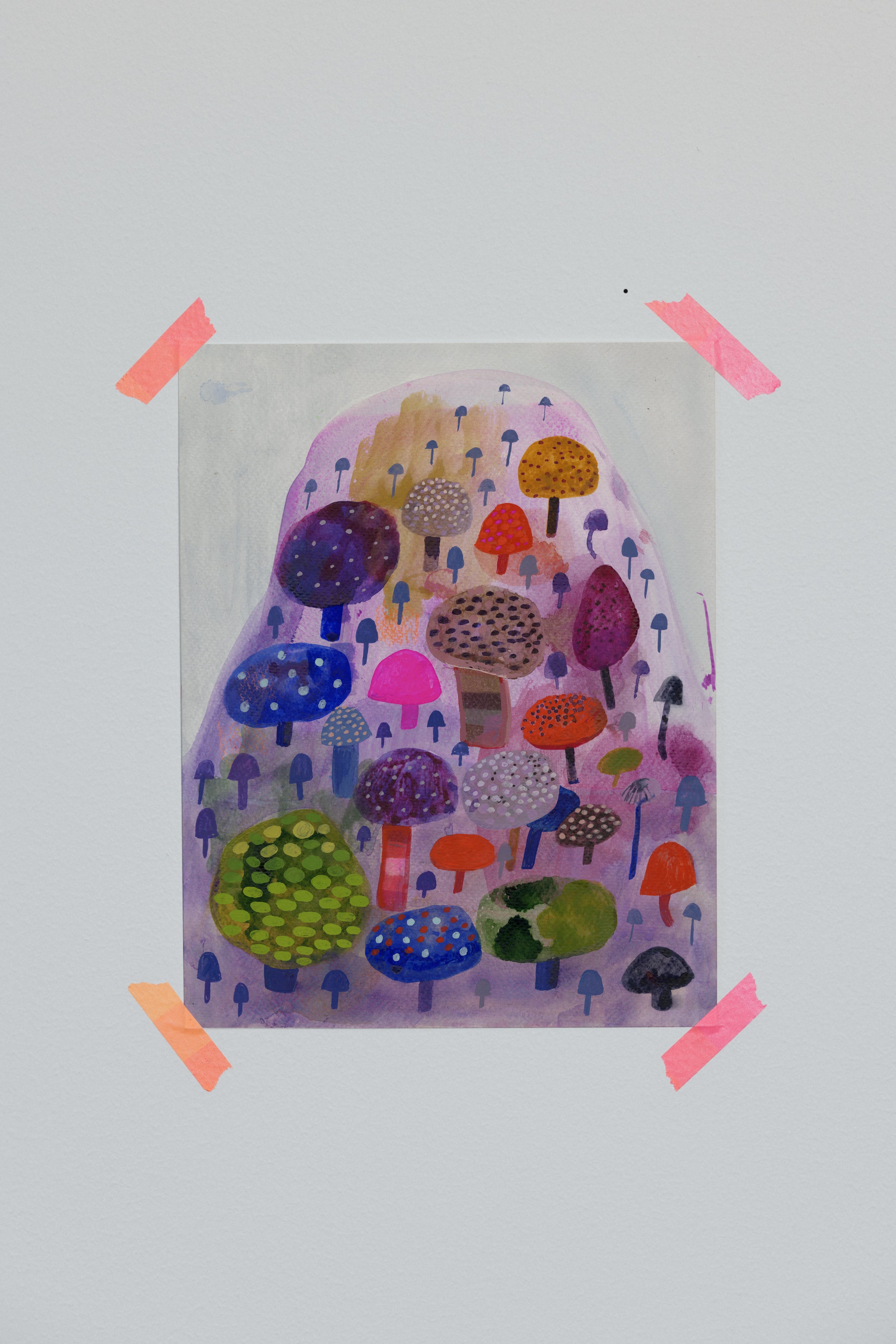 Vibrant art print of a hillside covered in colorful mushrooms in purple, green, orange, and blue tones.