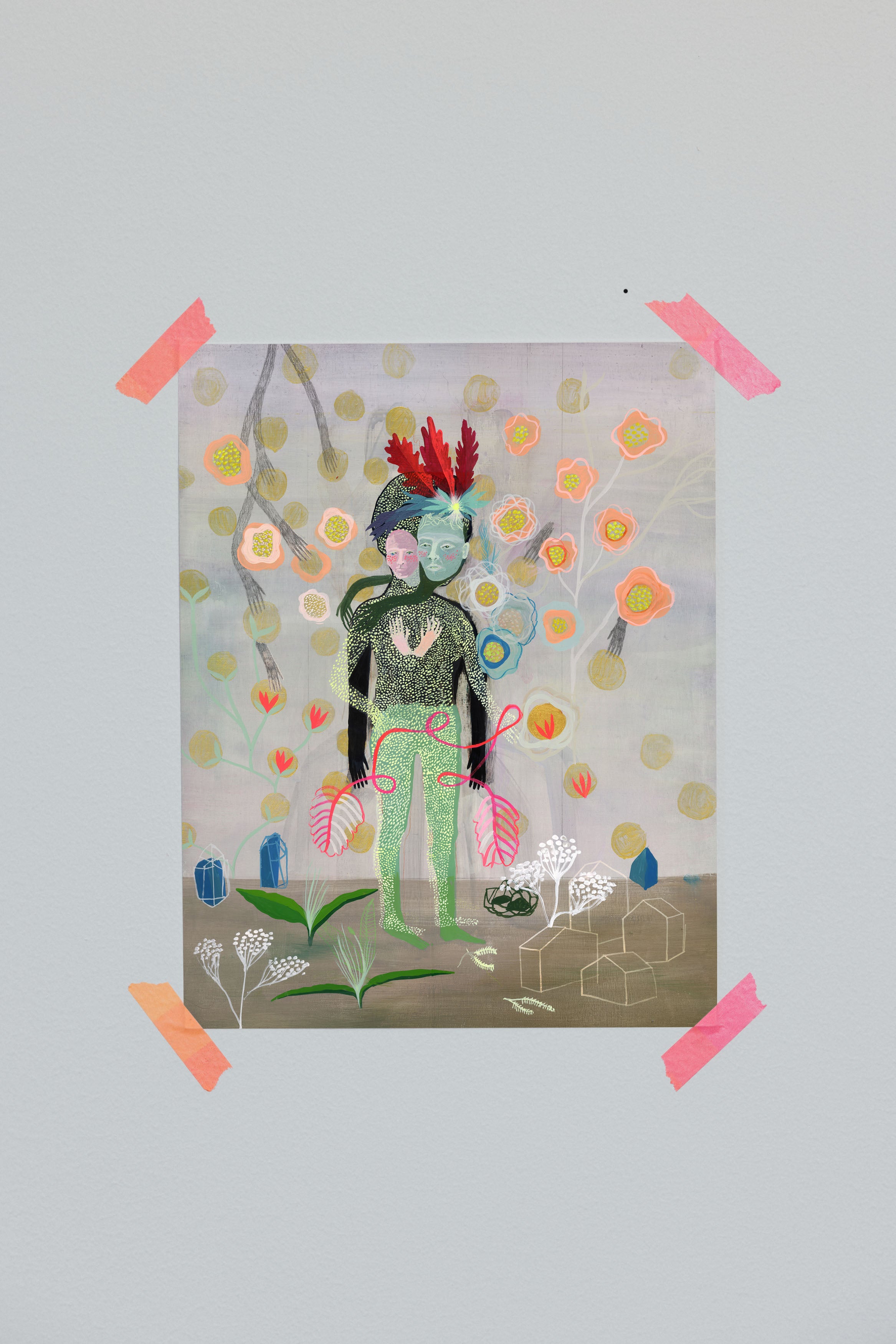 Old & New open edition figurative art print displayed on wall with botanical and symbolic details