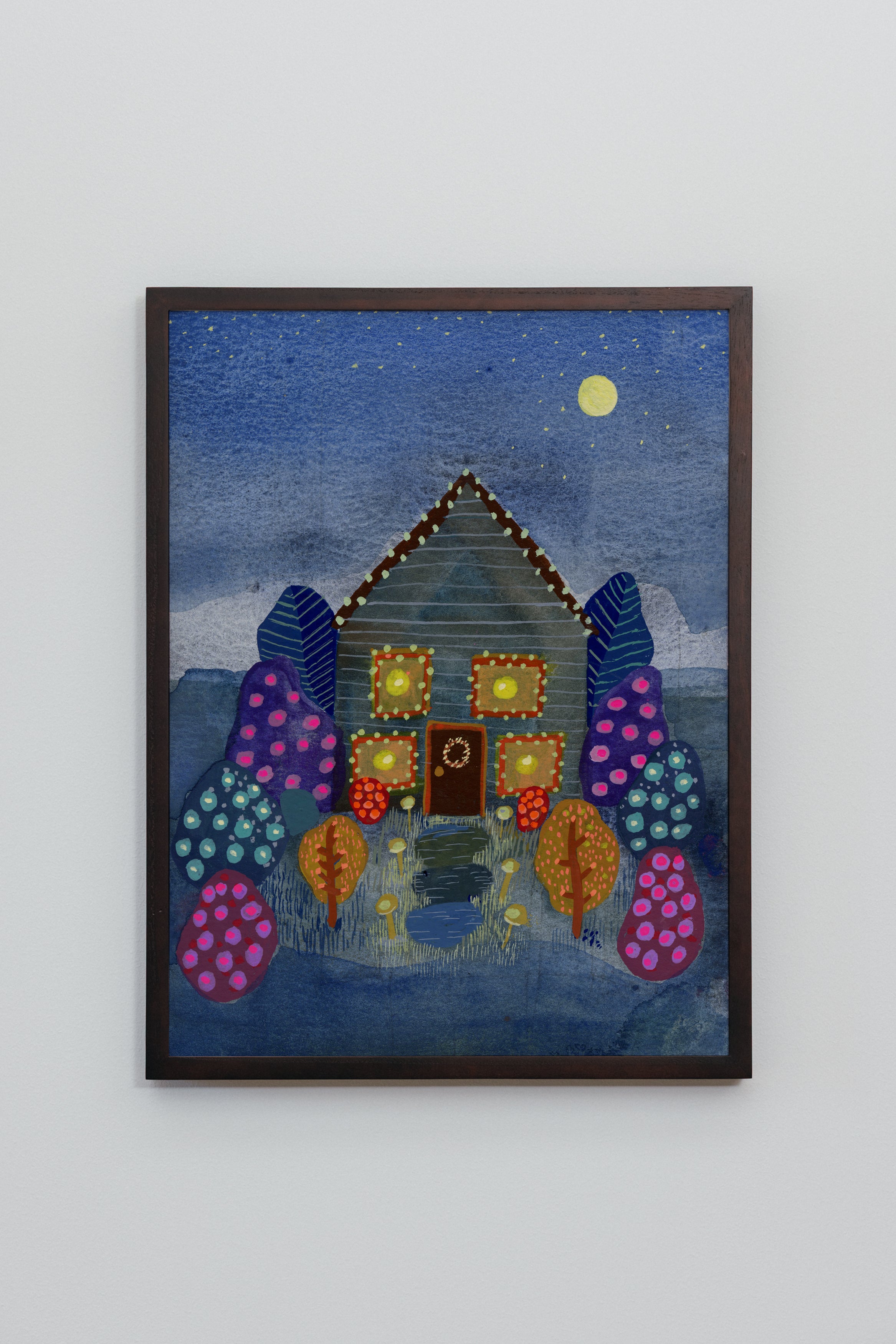 Cozy twilight art print of a glowing house surrounded by colorful dotted trees under a deep blue night sky.