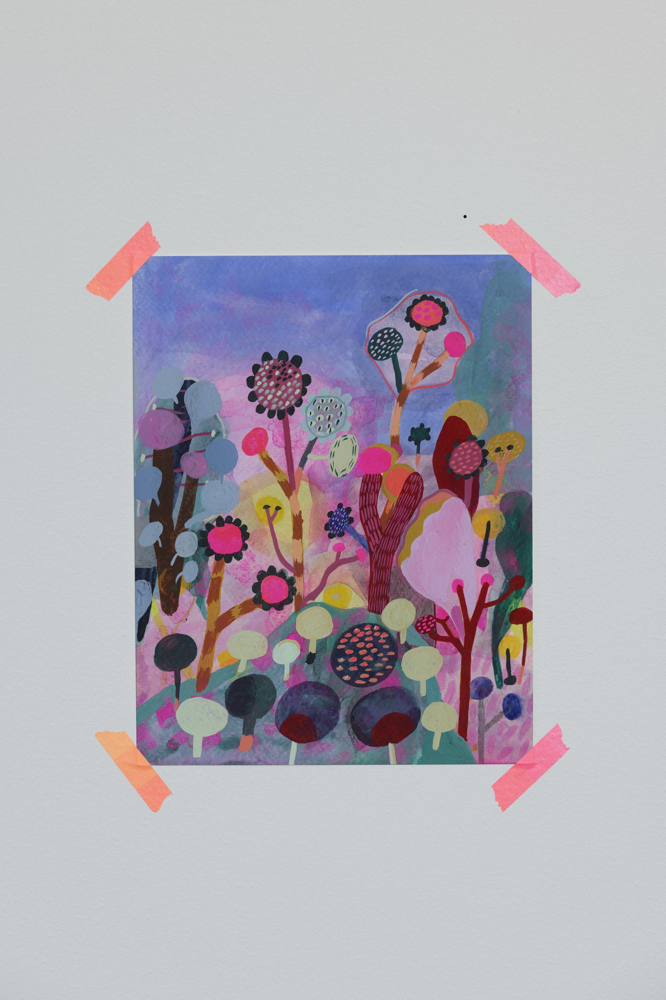 Bright whimsical garden art print with blooming flowers in pink, lavender, and yellow against a morning sky.