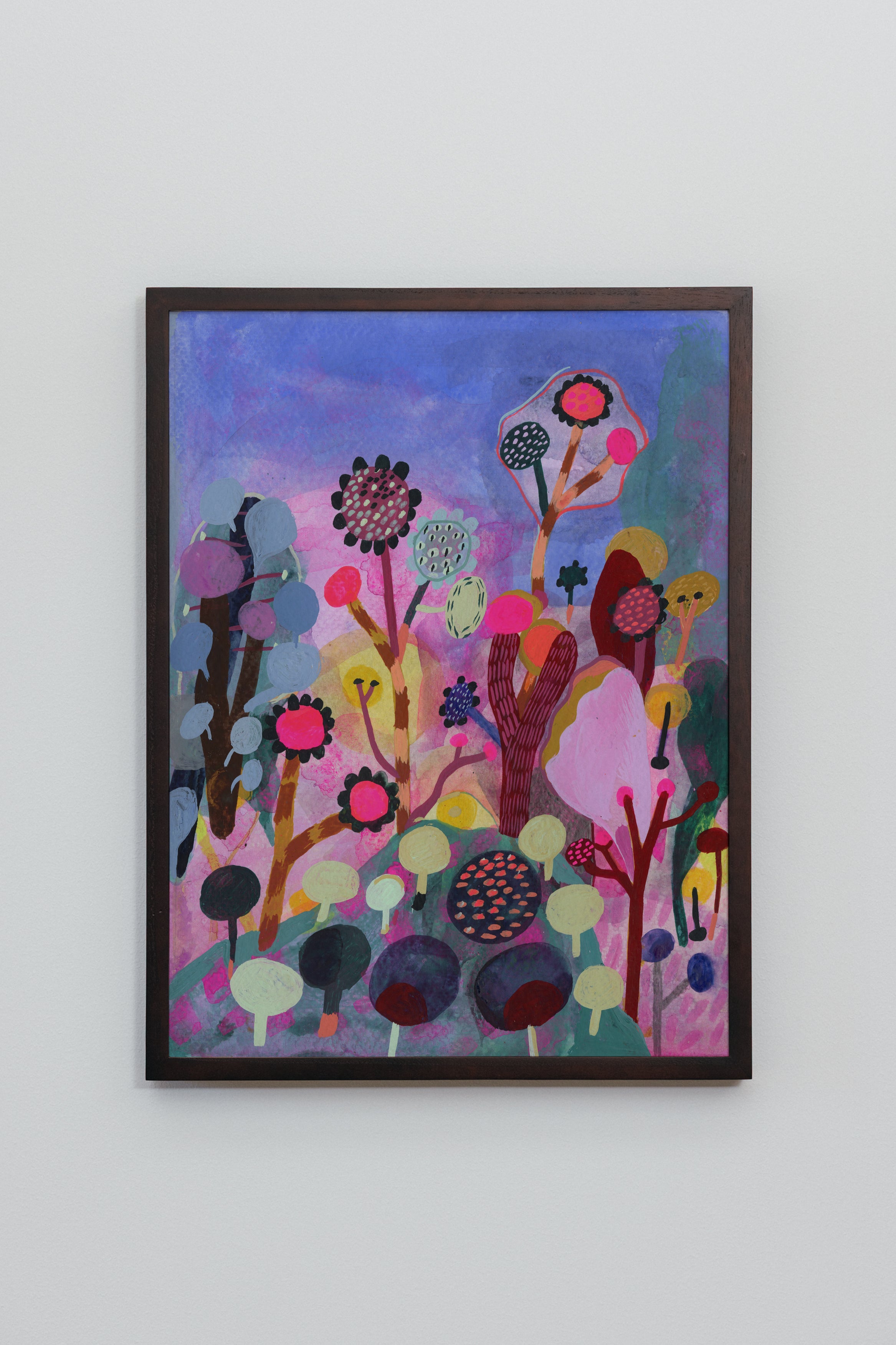 Bright whimsical garden art print with blooming flowers in pink, lavender, and yellow against a morning sky.