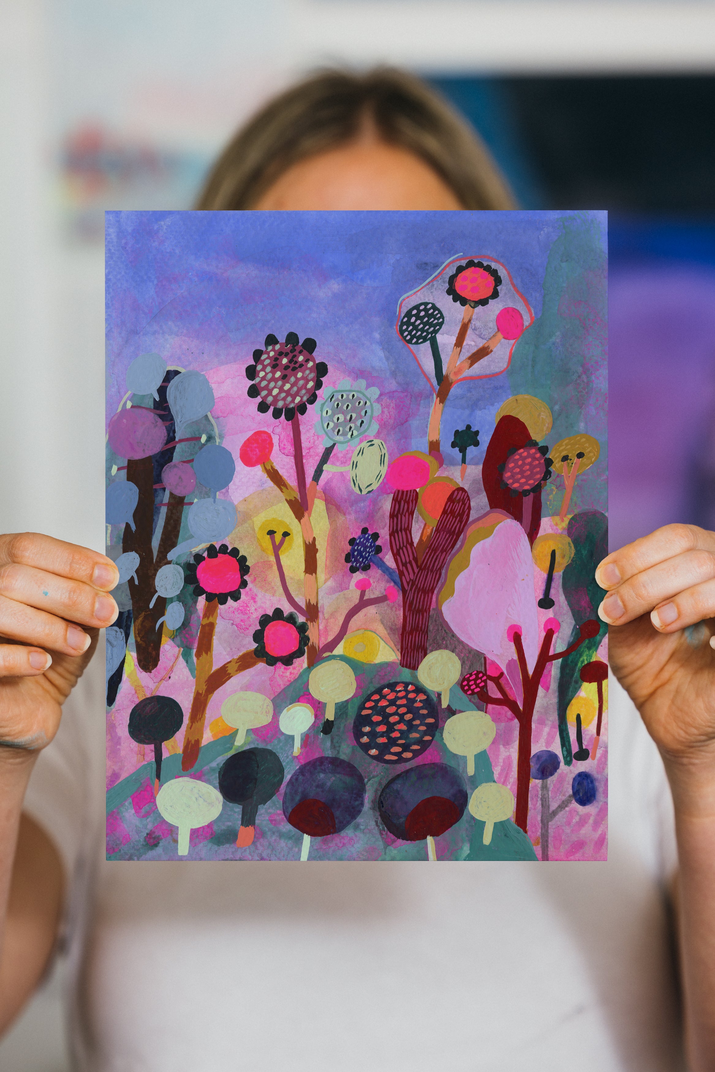 Bright whimsical garden art print with blooming flowers in pink, lavender, and yellow against a morning sky.