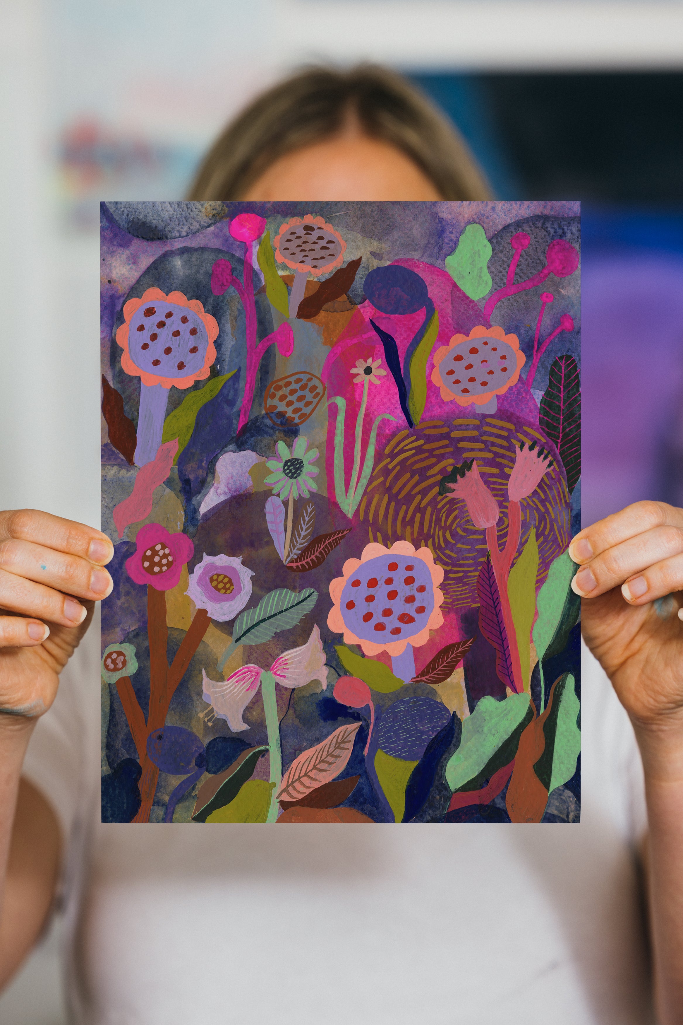 Colorful floral art print with layered flowers and foliage in warm orange, violet, and pink sunset tones.